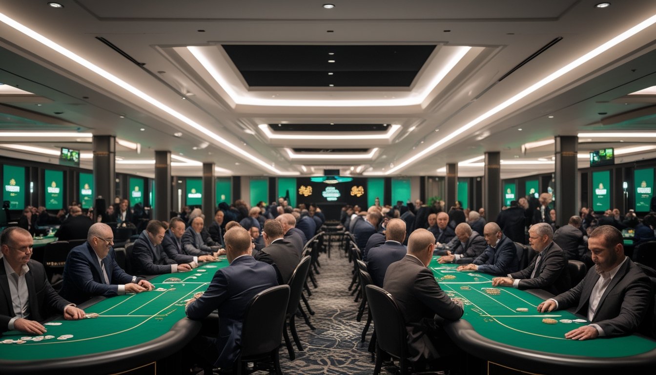 Suasana turnamen poker besar di ruang kasino dengan banyak pemain dan meja poker.