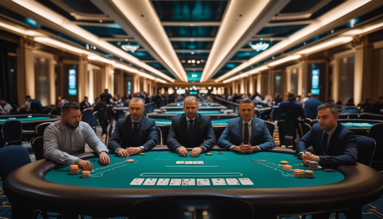 Turnamen poker besar berlangsung di aula kasino dengan banyak meja dan pemain.