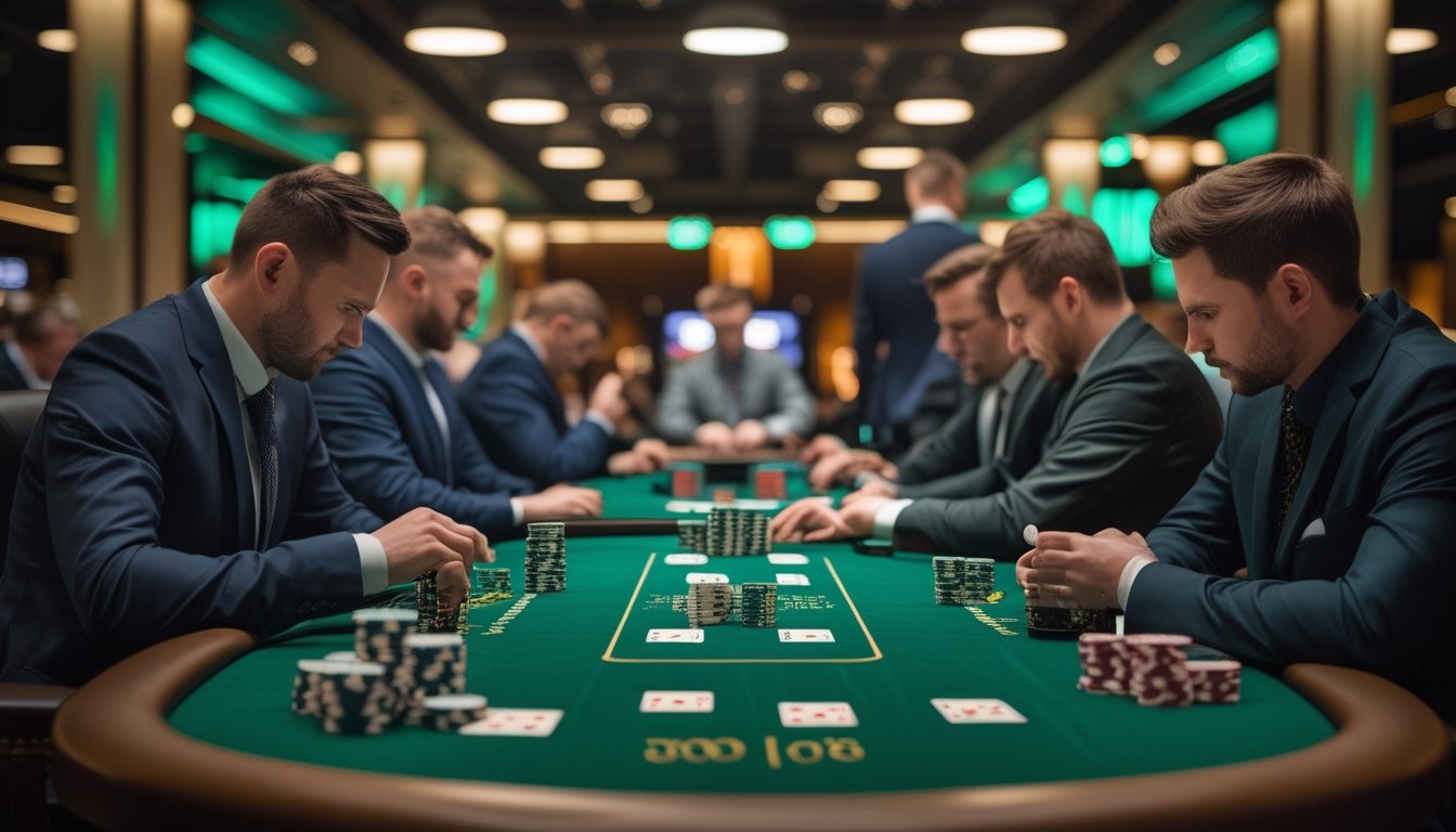 Pemain poker serius mengambil keputusan penting di meja final dengan kartu dan tumpukan chip di atas meja.
