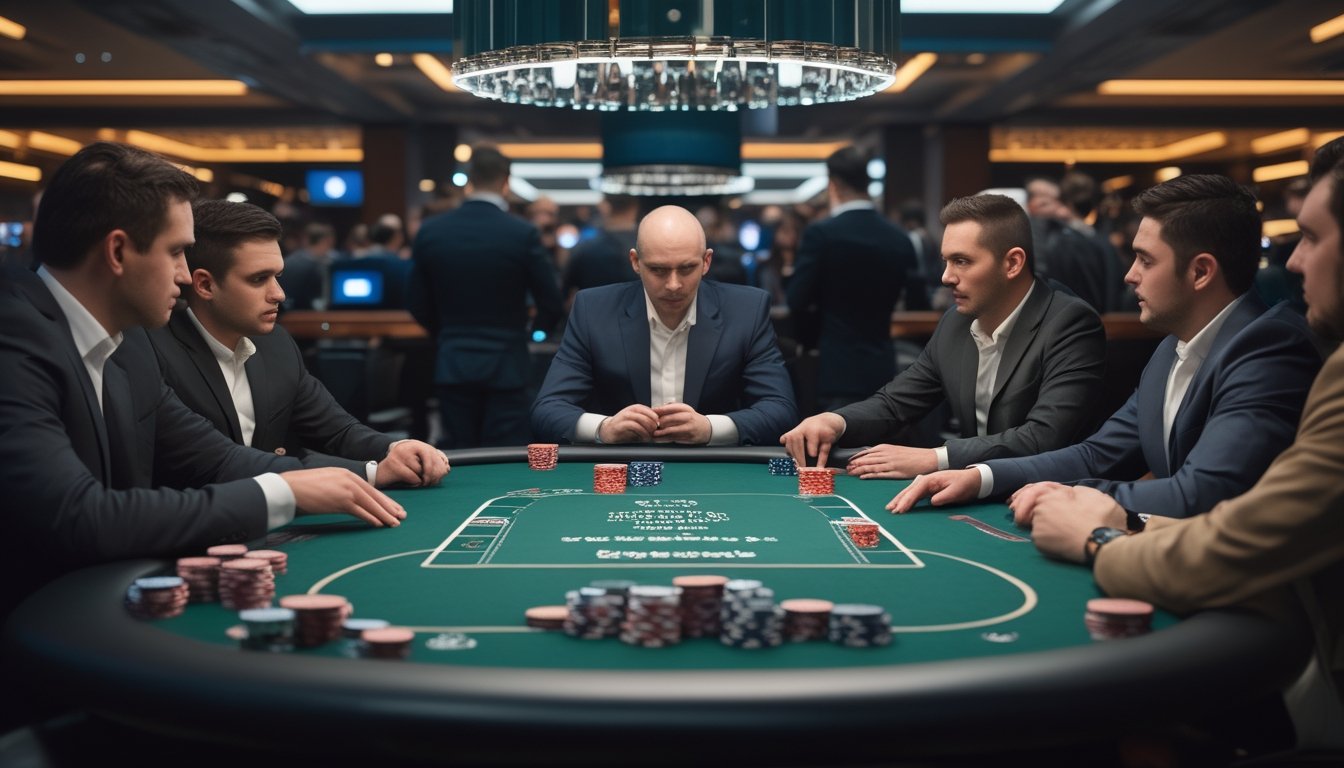 Pemain poker serius menganalisis tangan penting di meja final turnamen dengan tumpukan chip dan dealer.