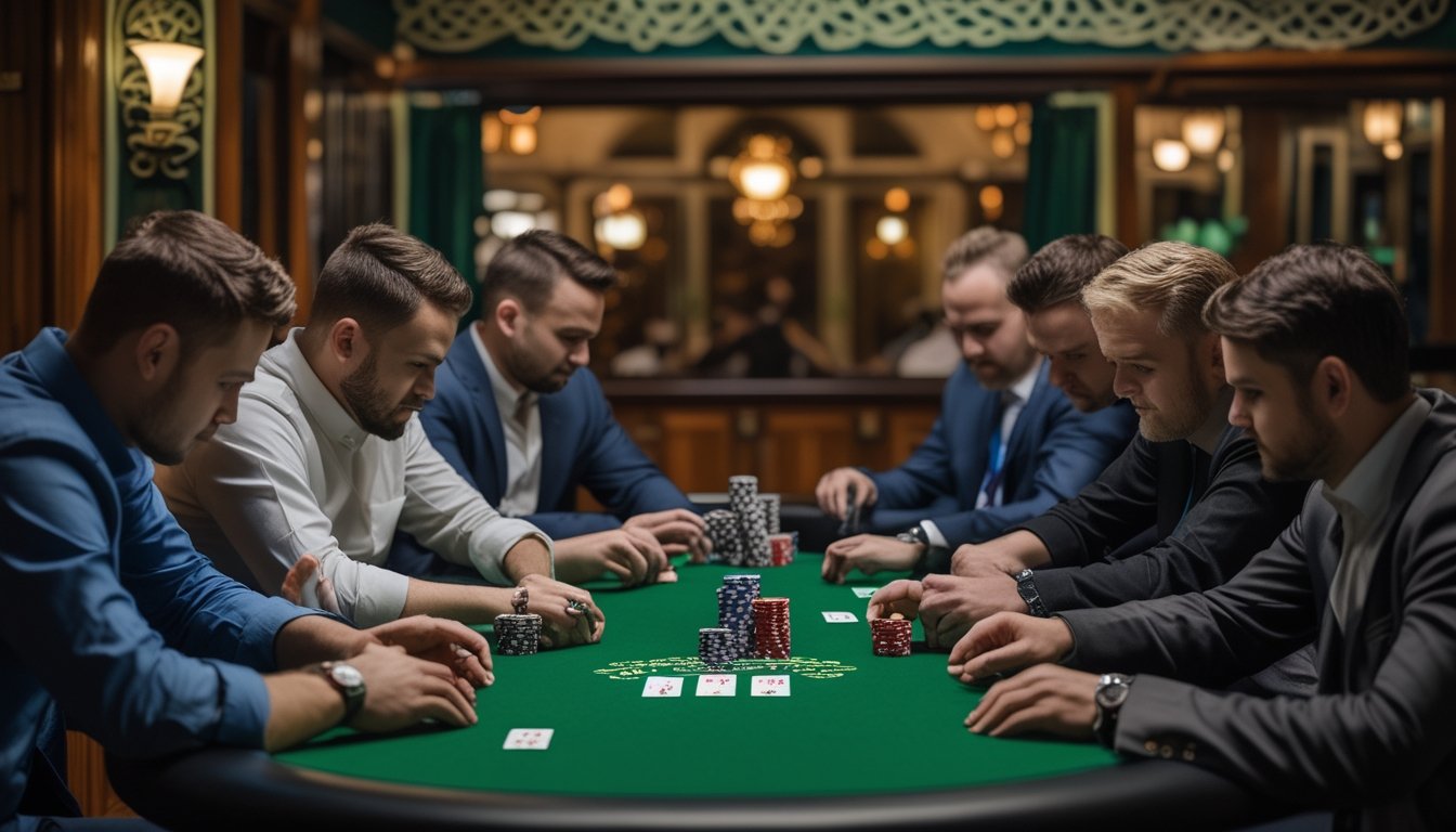 Pemain poker profesional bermain di meja turnamen dalam ruangan bernuansa khas Irlandia.