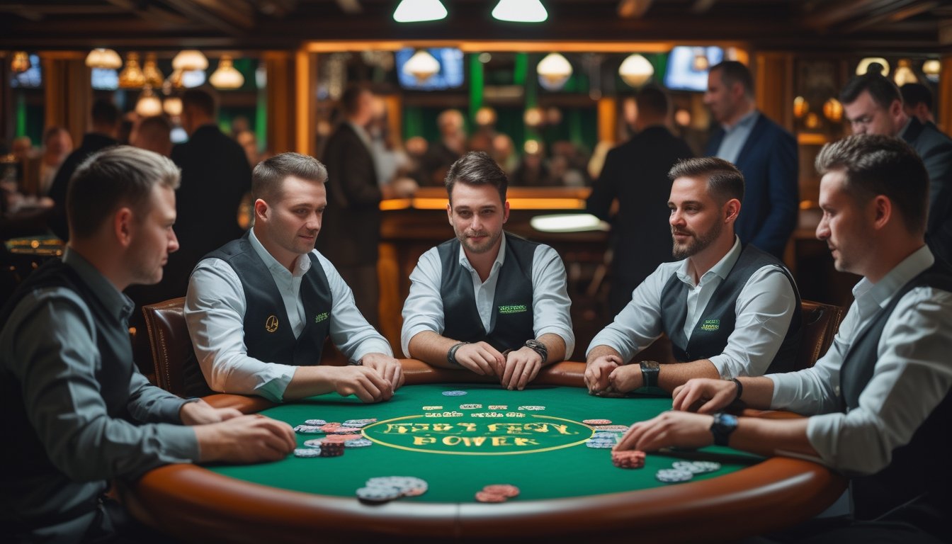 Pemain poker profesional bermain di meja turnamen dalam suasana ruangan yang hangat dan ramai.