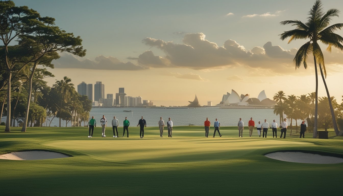 Lapangan golf internasional dengan pegolf dan penonton dari berbagai latar, berlatar arsitektur Dublin, Sydney, dan Marrakech.