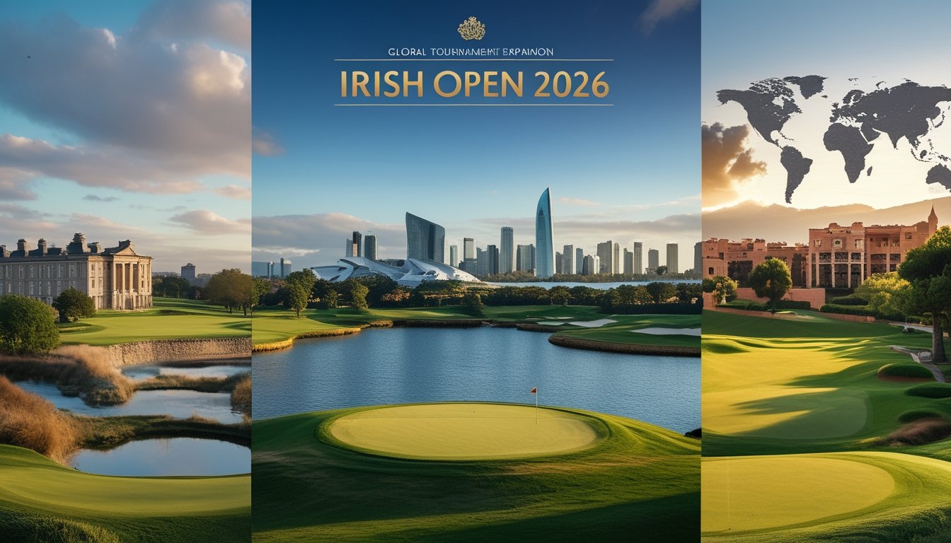 Pemandangan lapangan golf di Dublin, Sydney, dan Marrakech yang menggambarkan perluasan turnamen secara global.