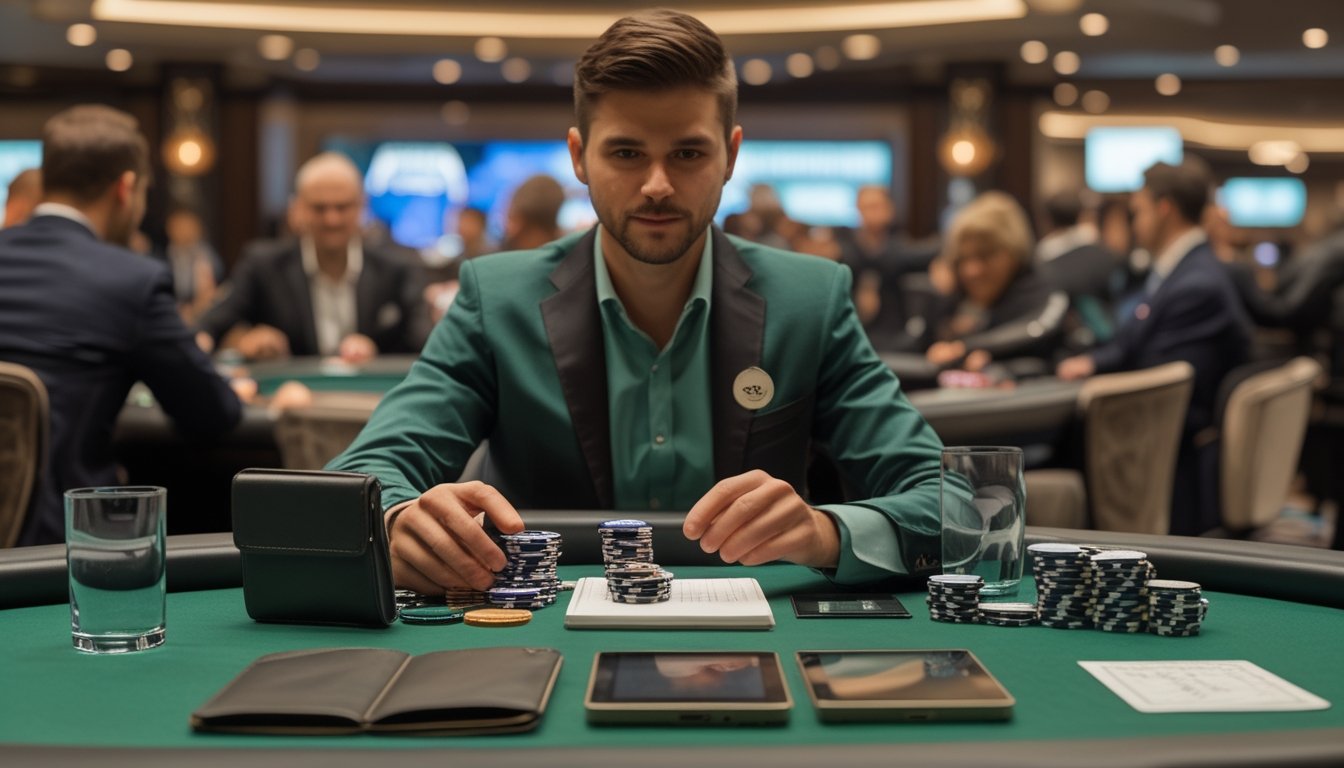 Pemain poker dewasa menata chip, catatan, dan kalkulator di meja turnamen dalam suasana kasino internasional.