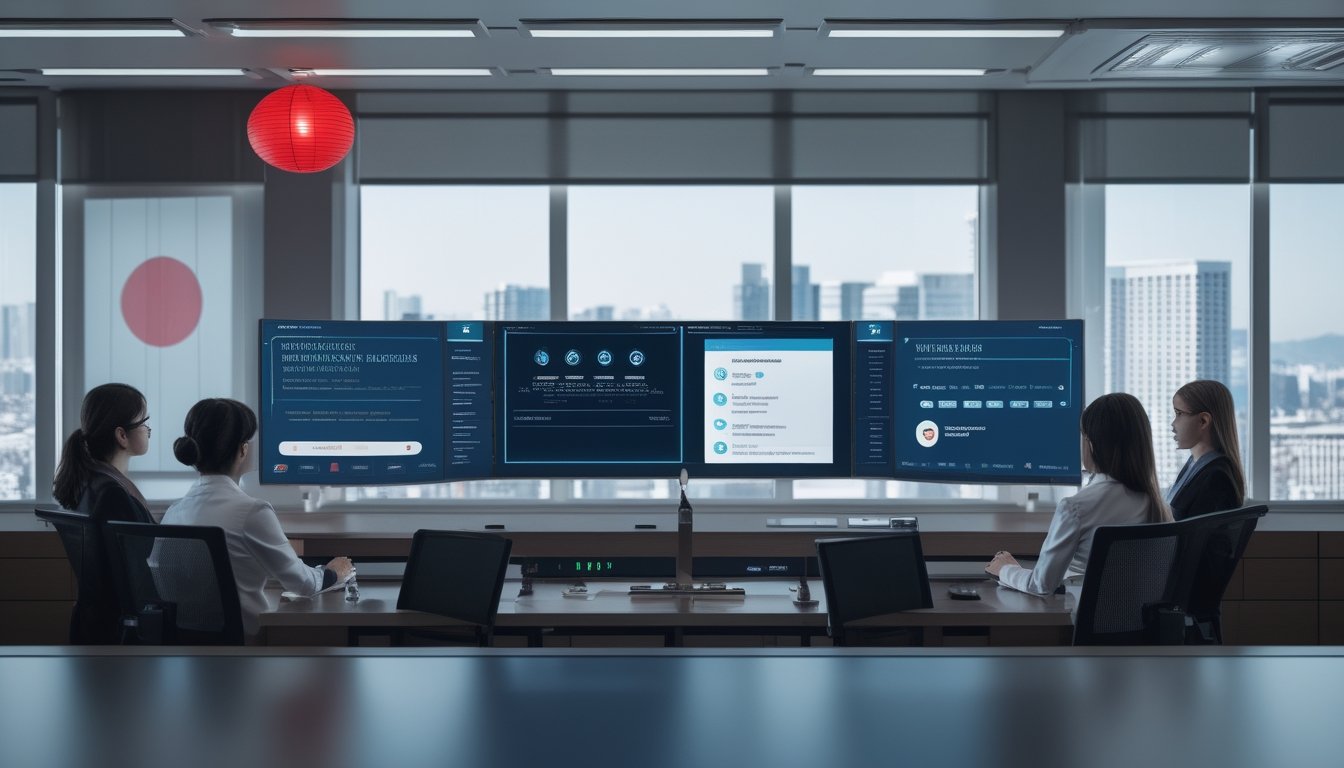 Tim profesional memeriksa keamanan dan kepatuhan sebuah platform digital di kantor modern.
