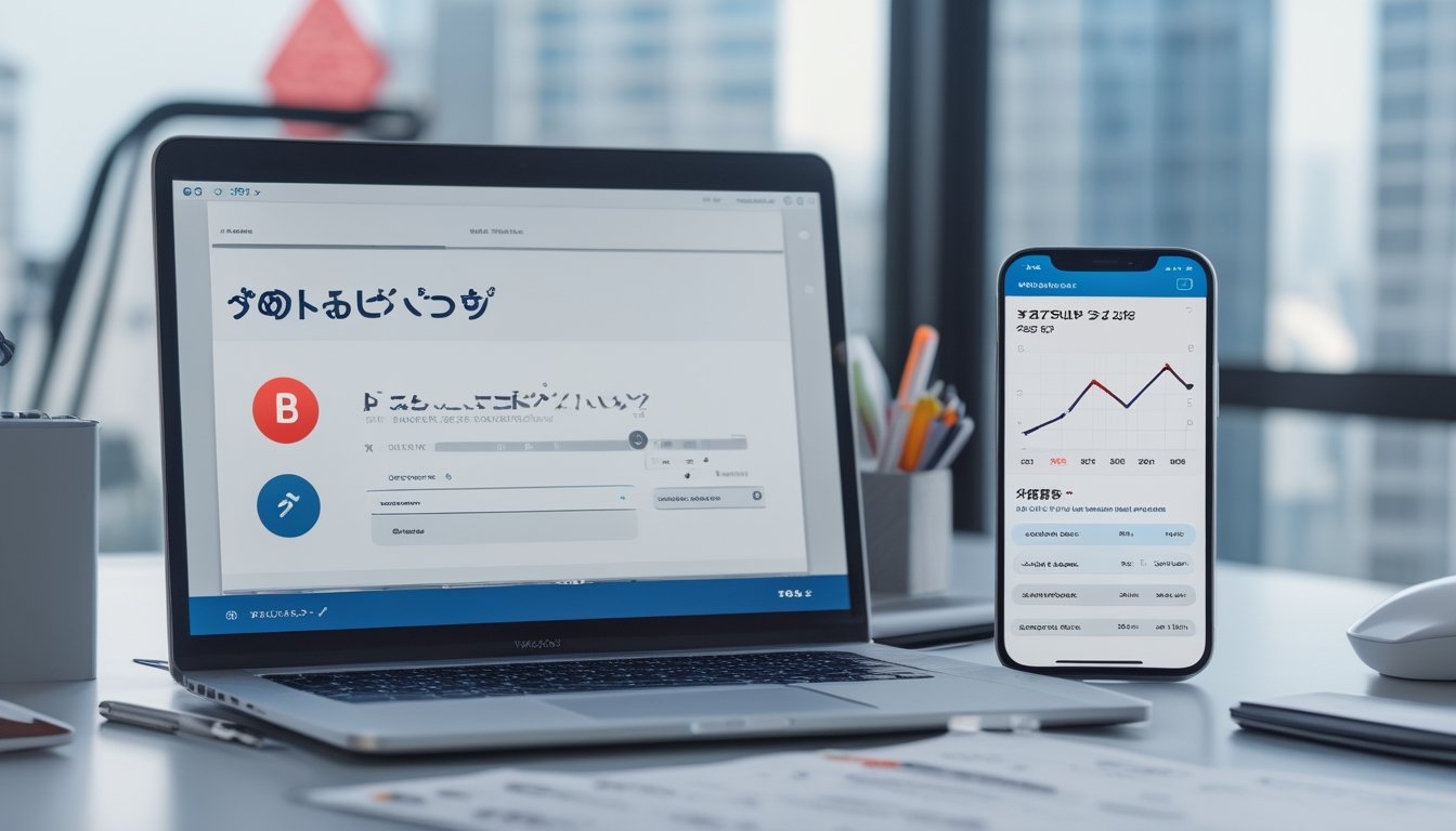 Laptop dan ponsel menampilkan formulir pendaftaran serta grafik analisis di meja kerja modern dengan latar kota bergaya Jepang.