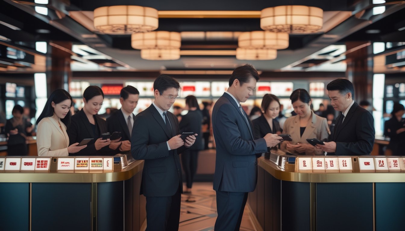 Orang dewasa berada di ruang hiburan modern bernuansa Jepang dengan meja layanan dan perangkat tablet.