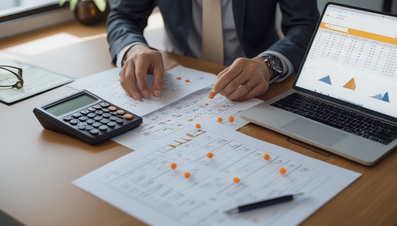 Tangan orang dewasa menganalisis kombinasi angka dan grafik probabilitas di meja kerja dengan kalkulator dan laptop.