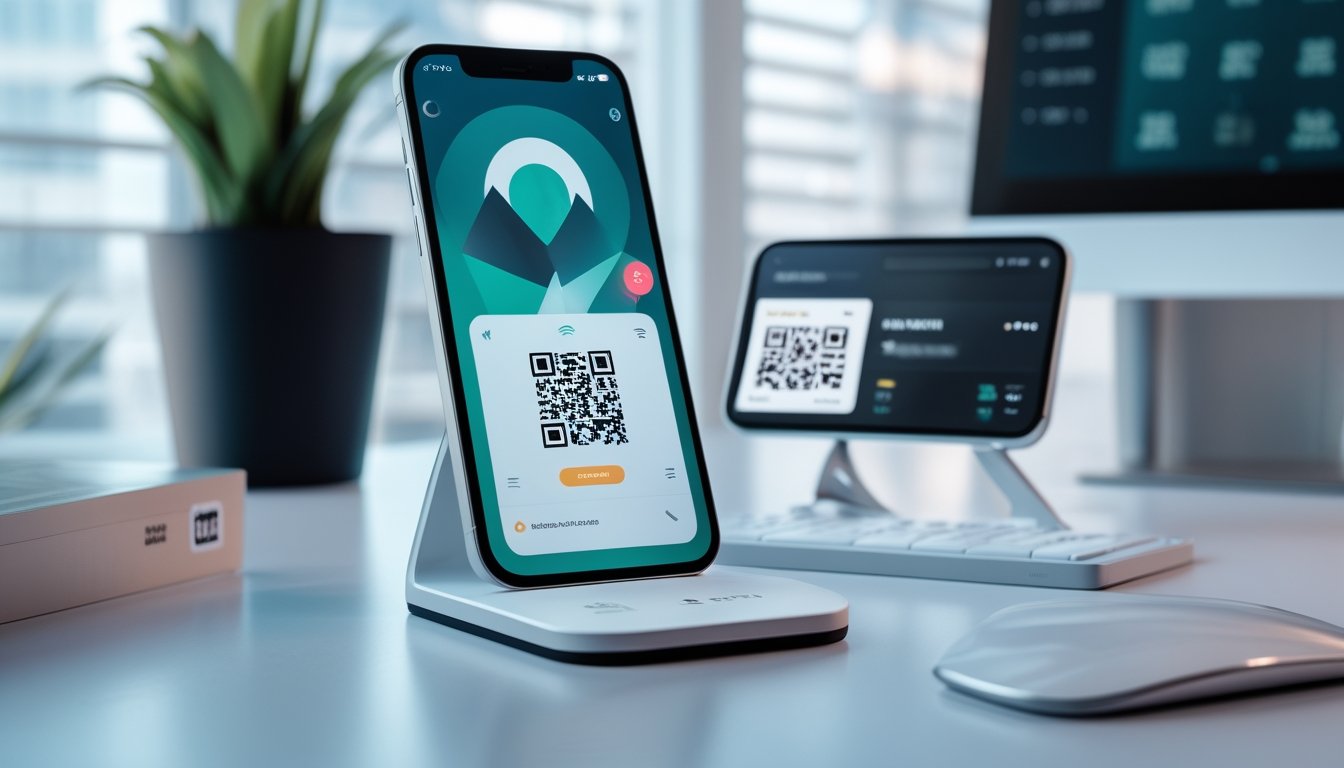 Dua ponsel pintar dan dudukan kode QR di atas meja kantor modern.