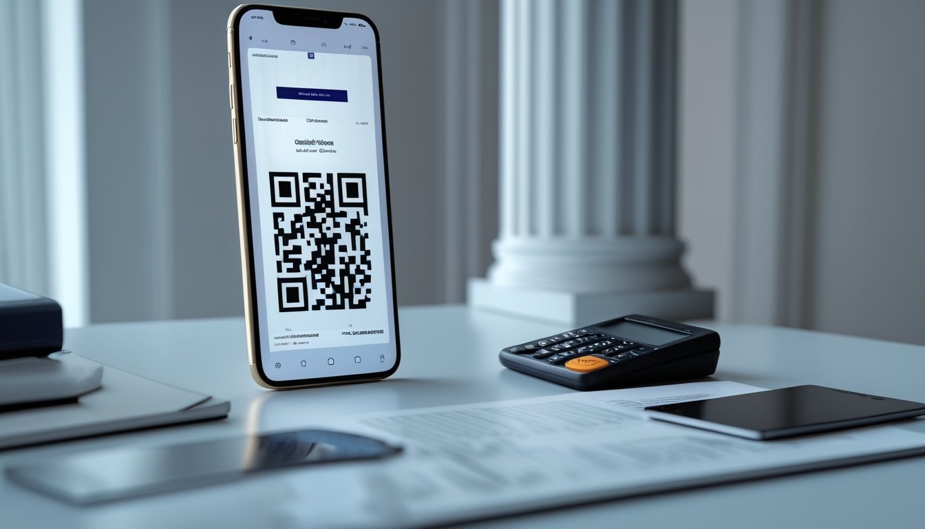 Ponsel dan perlengkapan pembayaran digital di meja kerja dengan dokumen hukum serta simbol peringatan yang samar.
