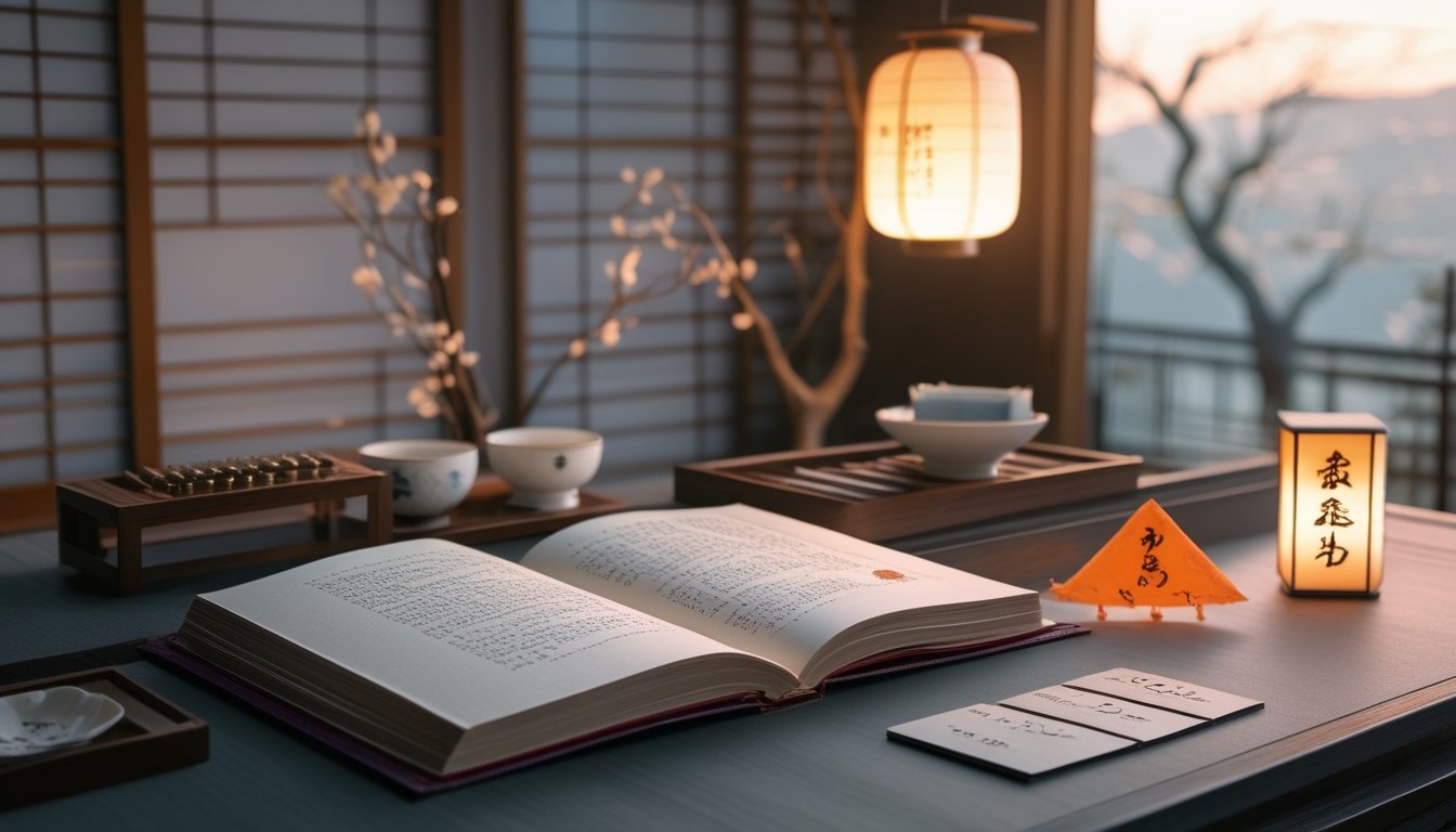 Buku tafsir mimpi terbuka di meja bersama perlengkapan tradisional Jepang, lentera kertas, bonsai, dan ornamen bunga sakura.