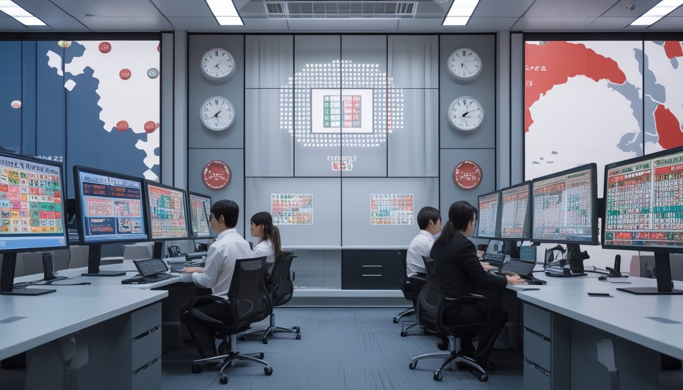 Petugas Jepang memantau siaran data langsung di ruang studio modern dengan layar informasi dan jam besar.