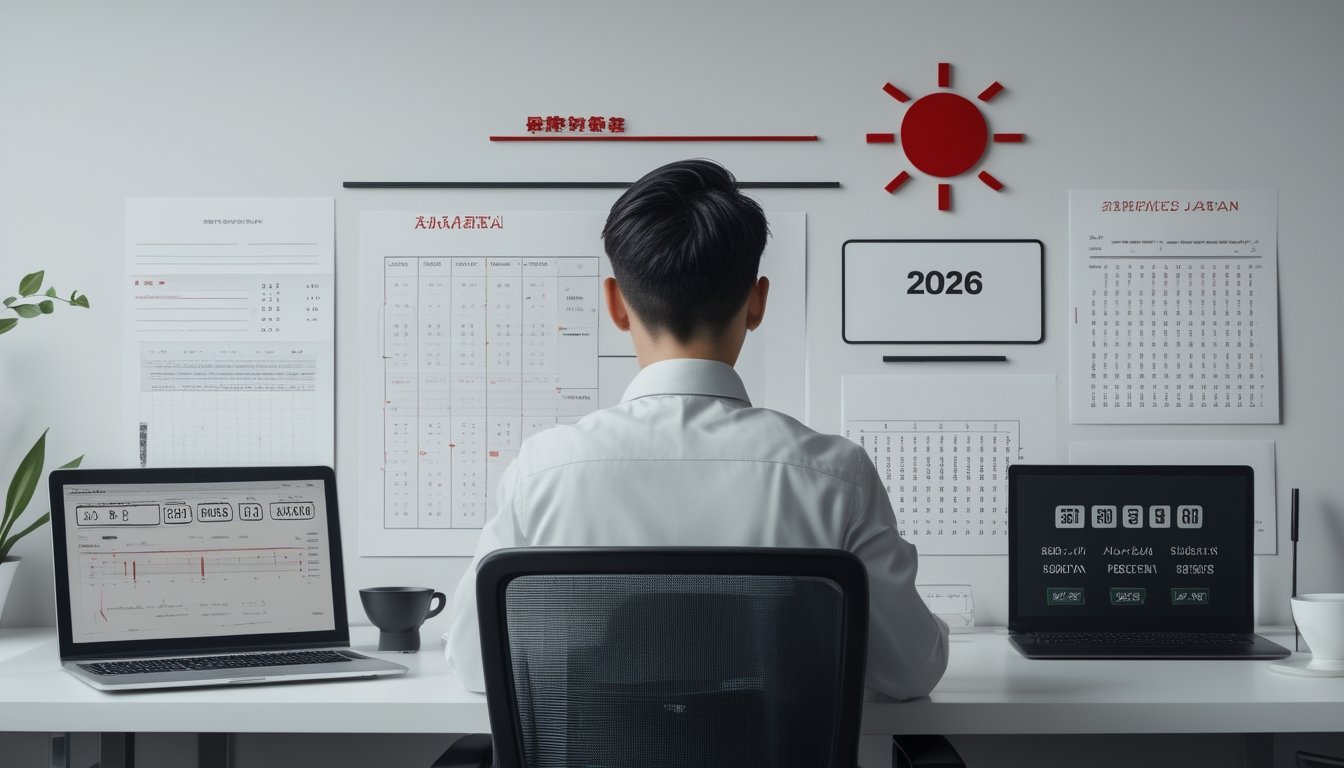 Seseorang menganalisis grafik dan angka abstrak di meja kerja dengan sentuhan visual Jepang.