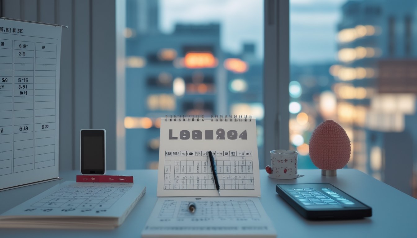 Meja kerja dengan kalender, buku catatan berisi grafik abstrak, kalkulator, pena, dan ponsel dengan latar suasana kota Jepang.