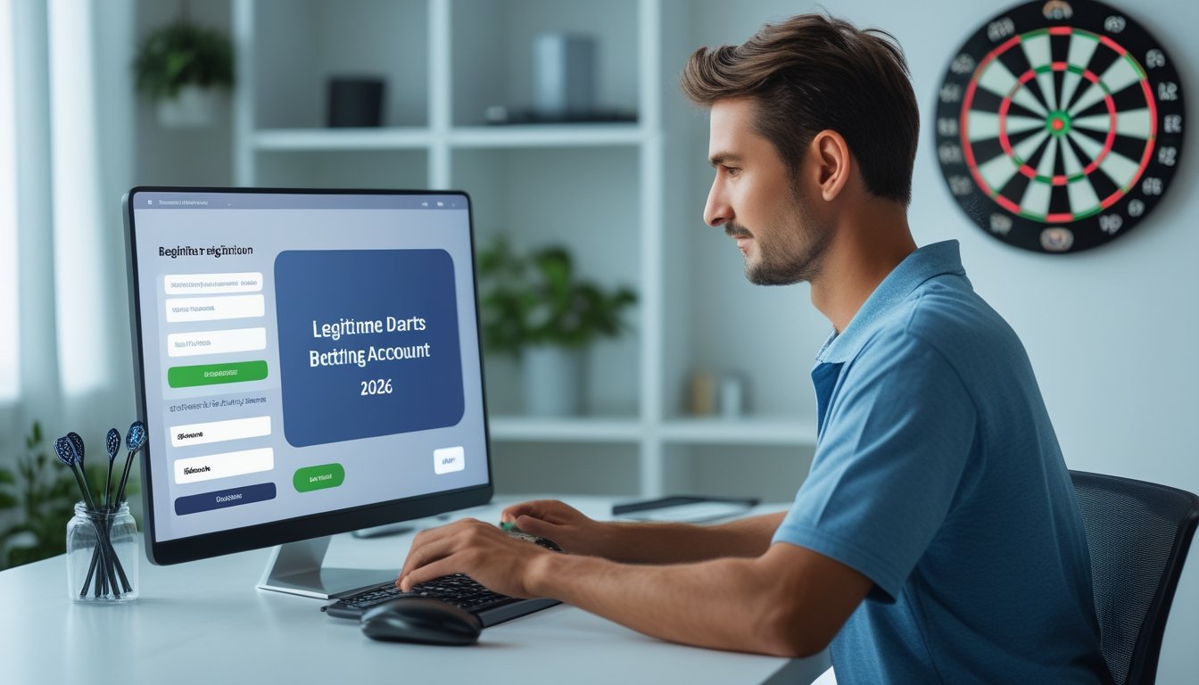 Seorang pemula menggunakan laptop untuk mendaftar akun taruhan dart online di meja kerja dengan papan dart di latar belakang.