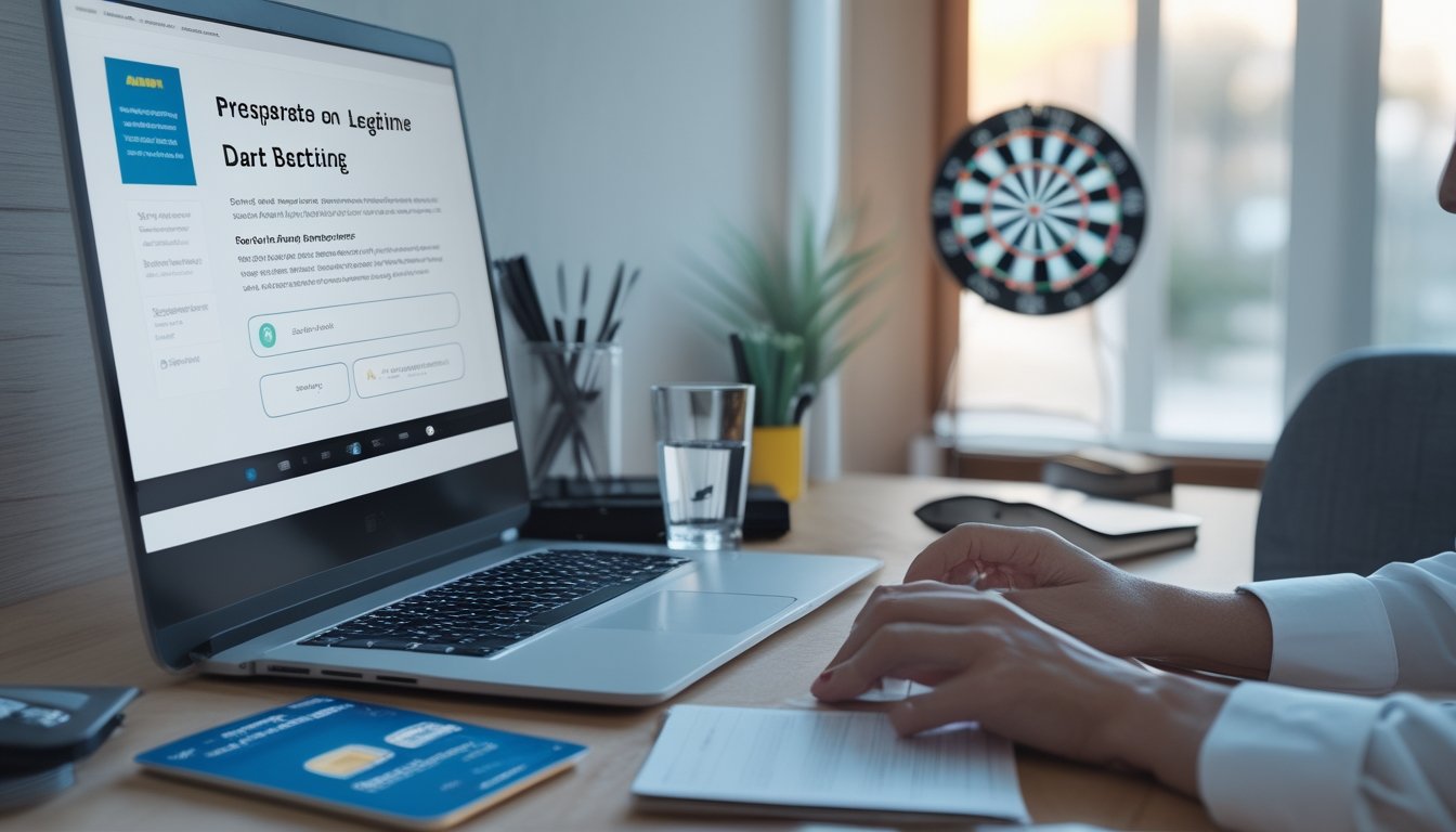 Seseorang menyiapkan laptop, ponsel, dan dokumen di meja dengan papan dart di latar belakang.