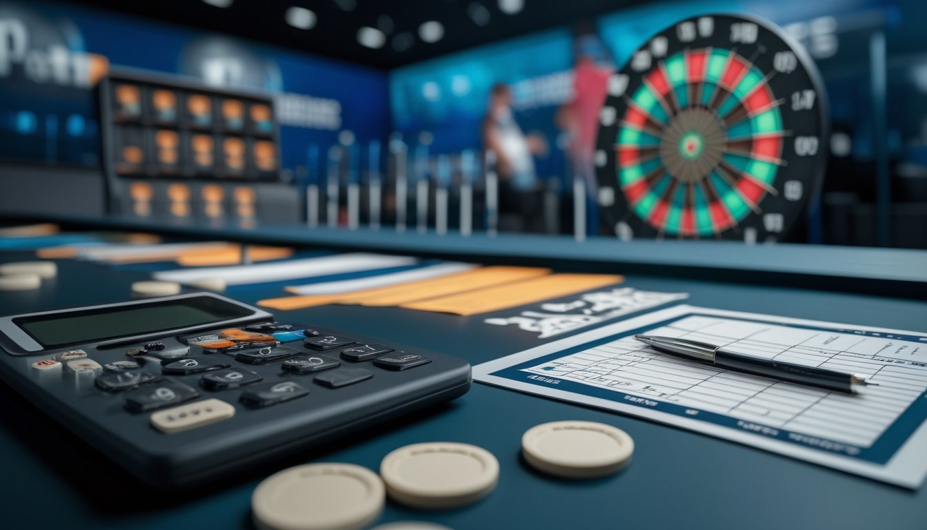 Papan dart, perlengkapan analisis pertandingan, dan lembar skor kosong di sebuah arena dart.