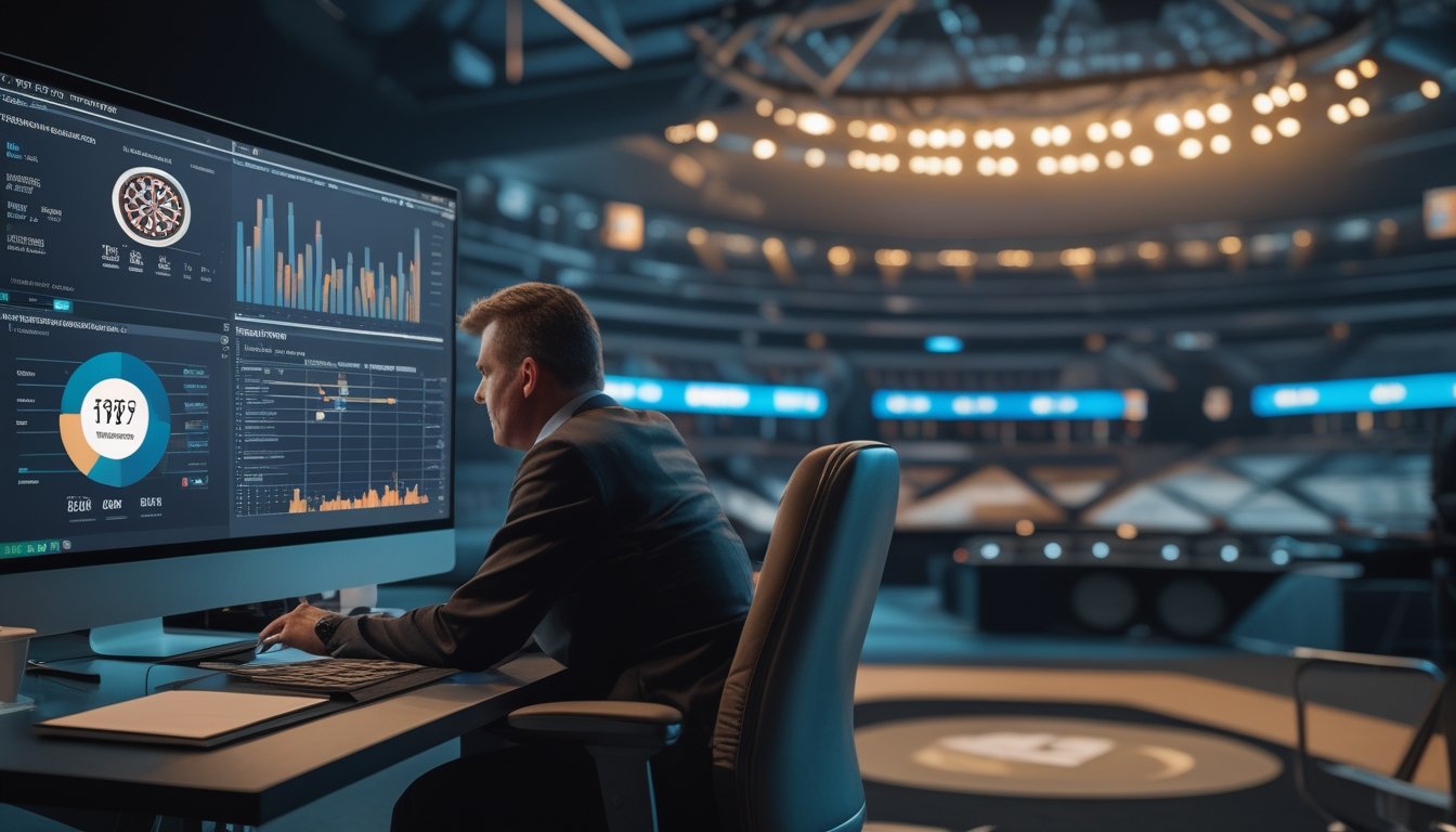 Seorang analis mempelajari grafik dan data pertandingan dart di depan layar, dengan papan dart dan suasana arena kompetisi di latar belakang.