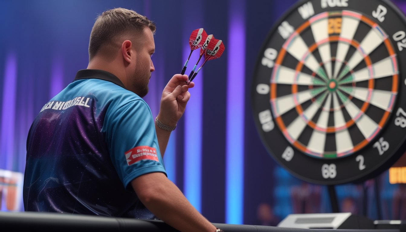Pemain darts profesional bersiap melempar di panggung turnamen dengan papan dart dan penonton di latar belakang.