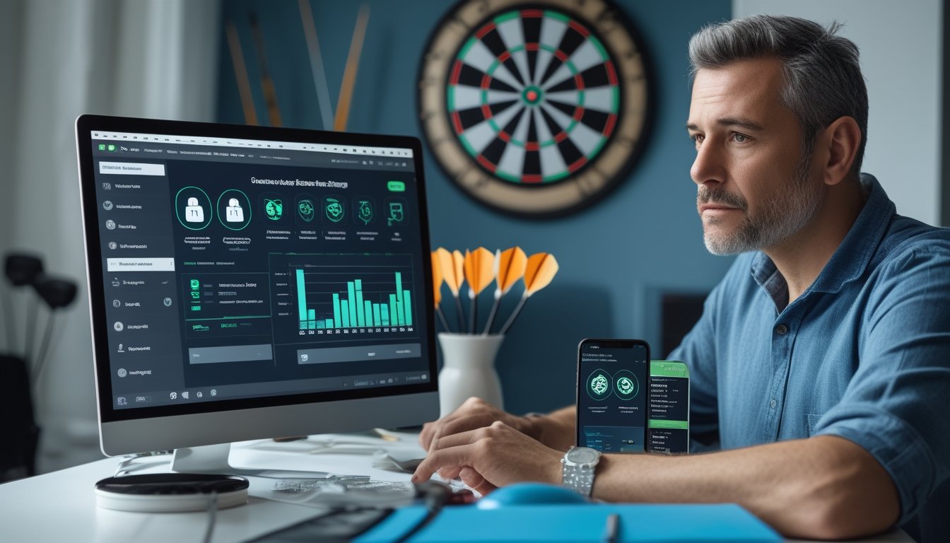 Orang dewasa memeriksa platform permainan dart daring yang aman di meja kerja dengan papan dart di latar belakang.