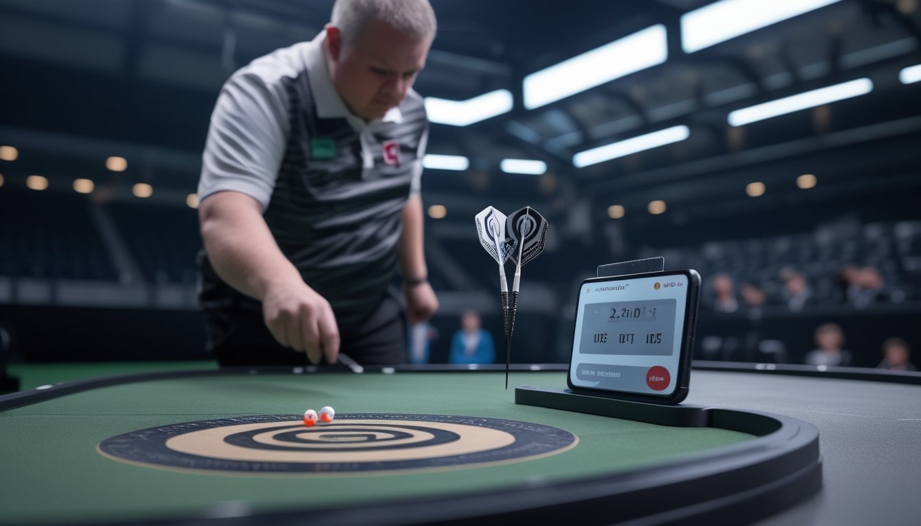 Pemain dart profesional melempar tiga anak panah dalam pertandingan dengan papan skor dan penonton di latar belakang.