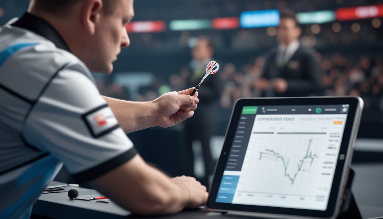 Pemain dart profesional membidik papan dart di arena pertandingan dengan suasana analisis taruhan.