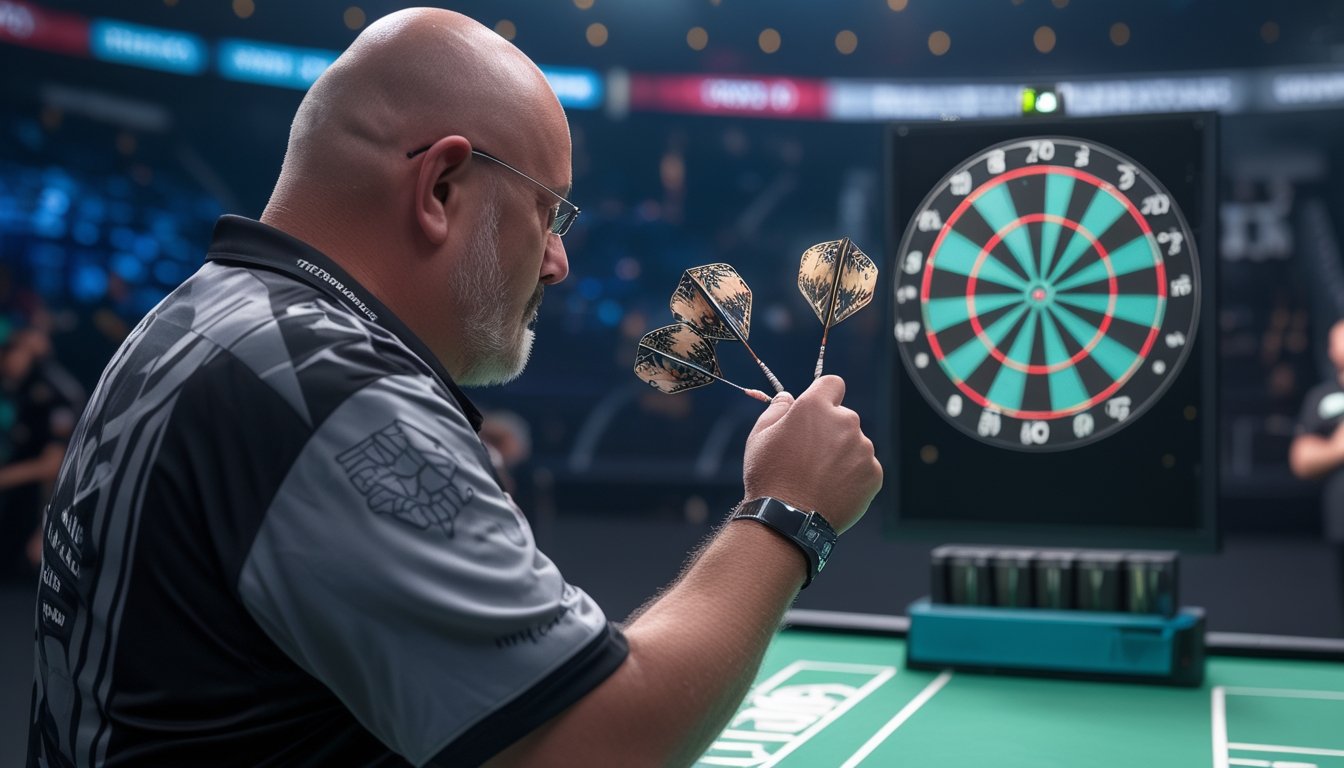 Pemain dart profesional membidik papan dart dalam suasana turnamen dengan penonton samar di latar belakang.