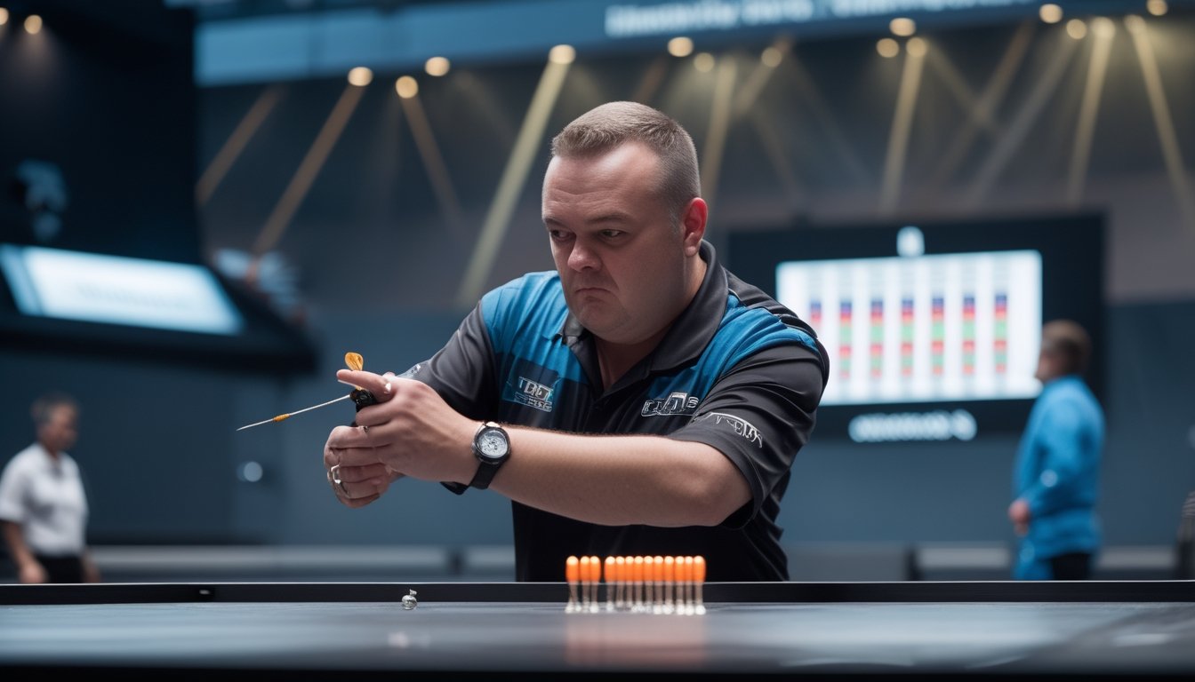 Pemain dart sedang membidik papan dart dalam suasana turnamen.