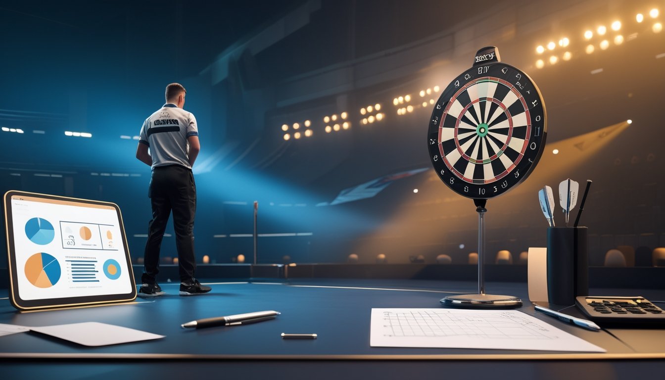 Pemain darts profesional membidik papan dart di arena dengan perlengkapan analisis strategi di latar depan.