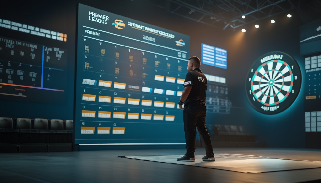 Pemain darts bersiap melempar di arena dengan papan dart dan jadwal kompetisi yang samar di latar belakang.