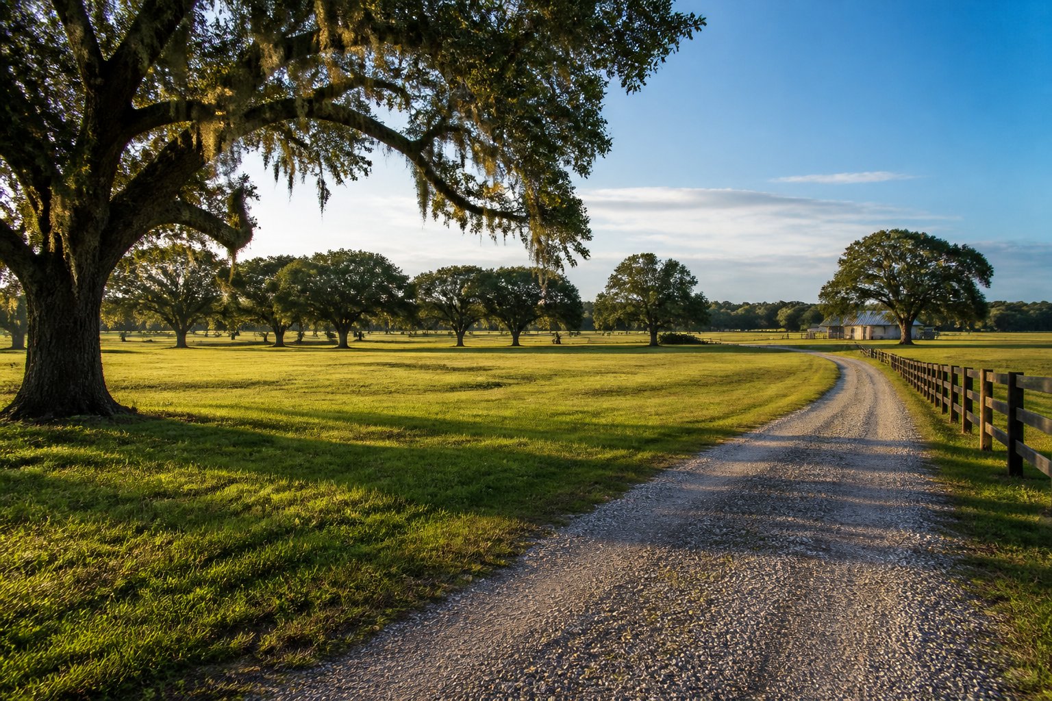 Rolling green Georgia farmland with oak trees, a fence, and a rural road leading toward open acreage.