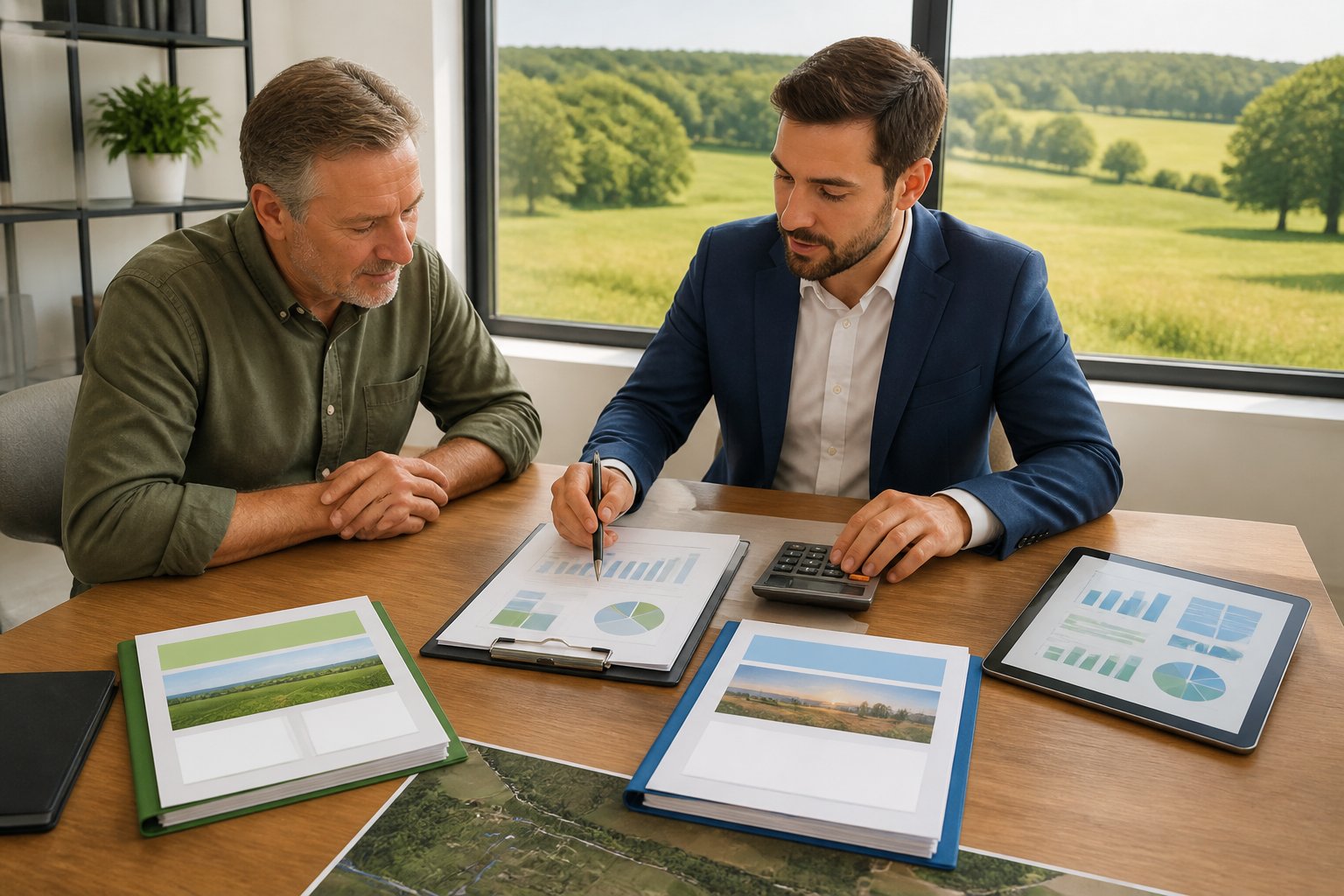 A landowner and property advisor review financial documents at a desk overlooking green Georgia acreage.