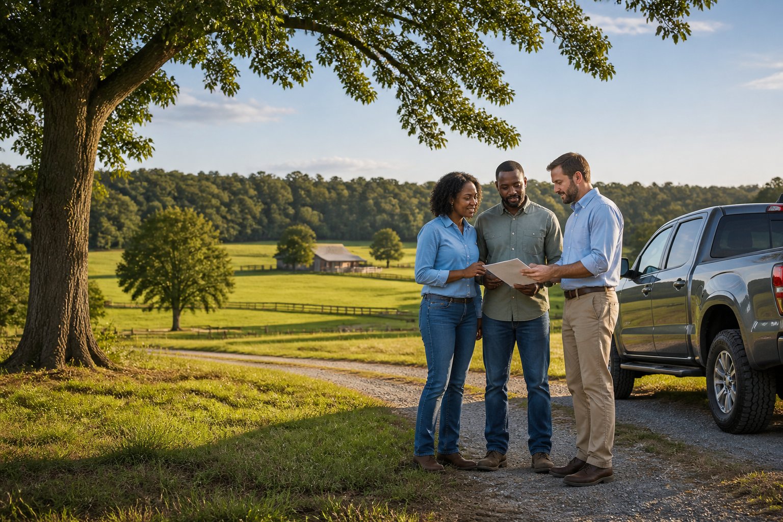 A landowner couple discusses the sale of a rural Georgia property with a real estate professional beside an open field.