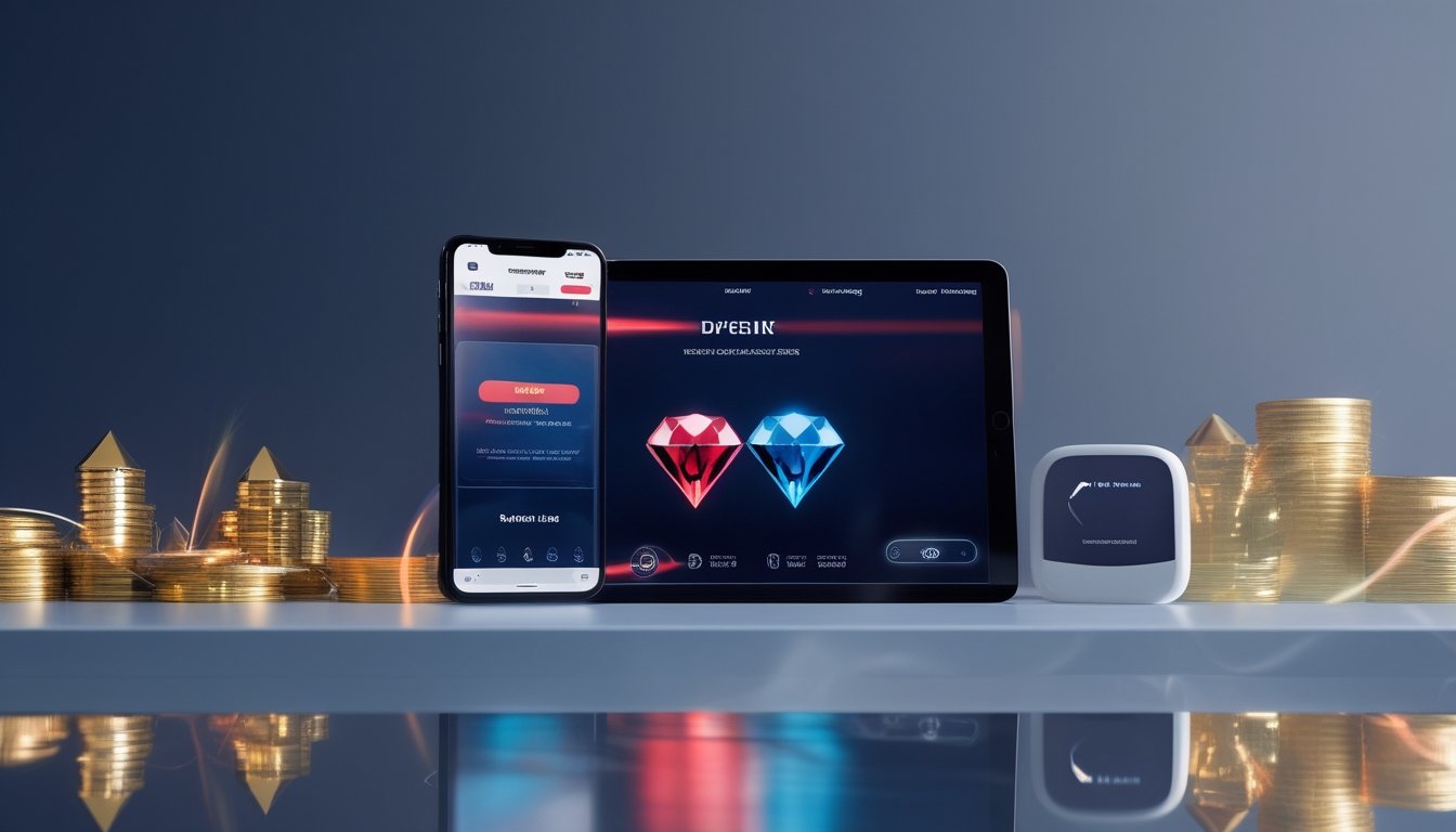 Ponsel pintar dan perangkat pembayaran digital di atas meja dengan simbol berlian dan efek transaksi bercahaya.