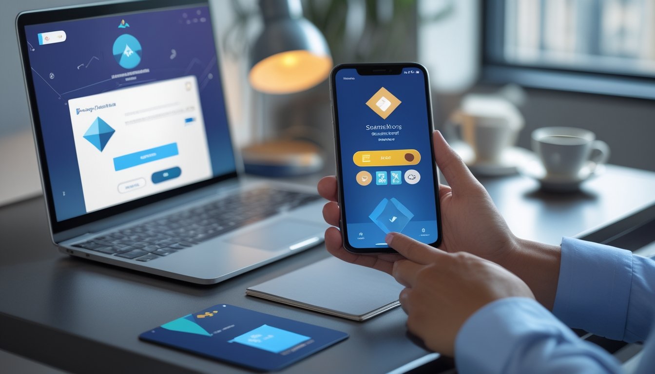Tangan seseorang menggunakan ponsel untuk melakukan transaksi deposit digital di meja kerja modern.