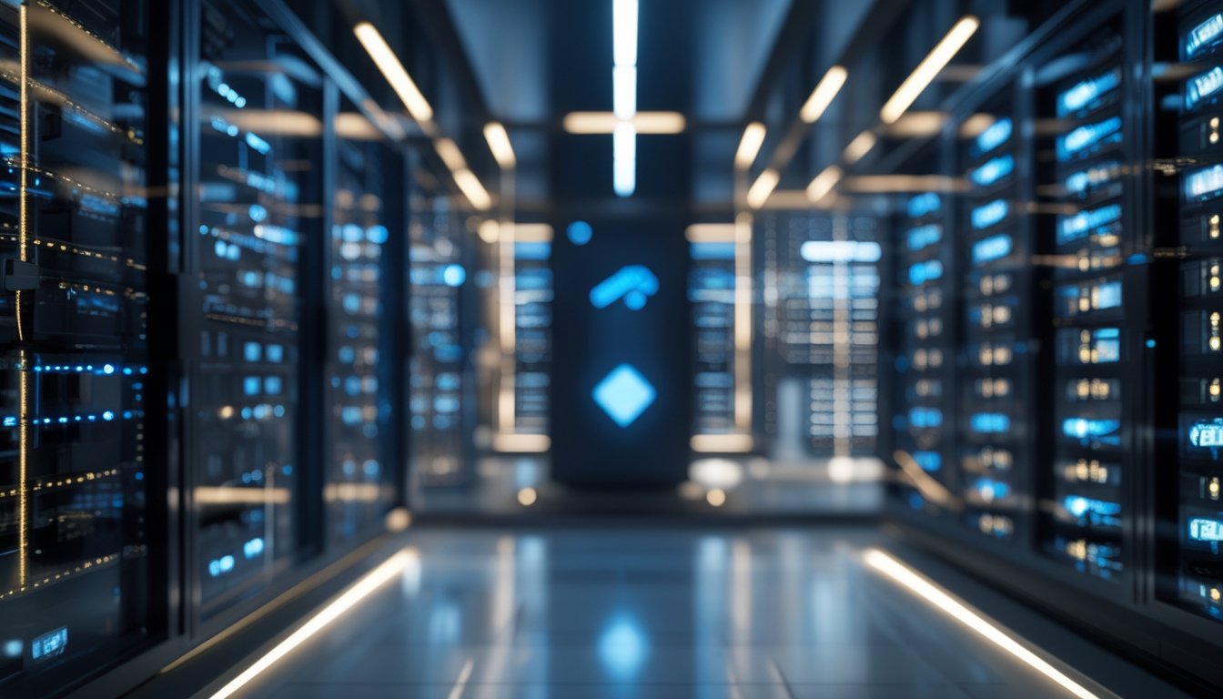 Ruang server modern dengan komputer dan pencahayaan biru keemasan yang menggambarkan koneksi digital stabil.