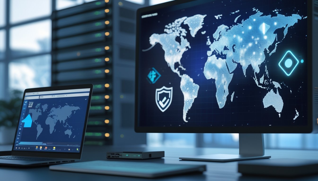 Laptop dan monitor menampilkan koneksi jaringan internasional yang aman dengan simbol berlian dan server di latar belakang.
