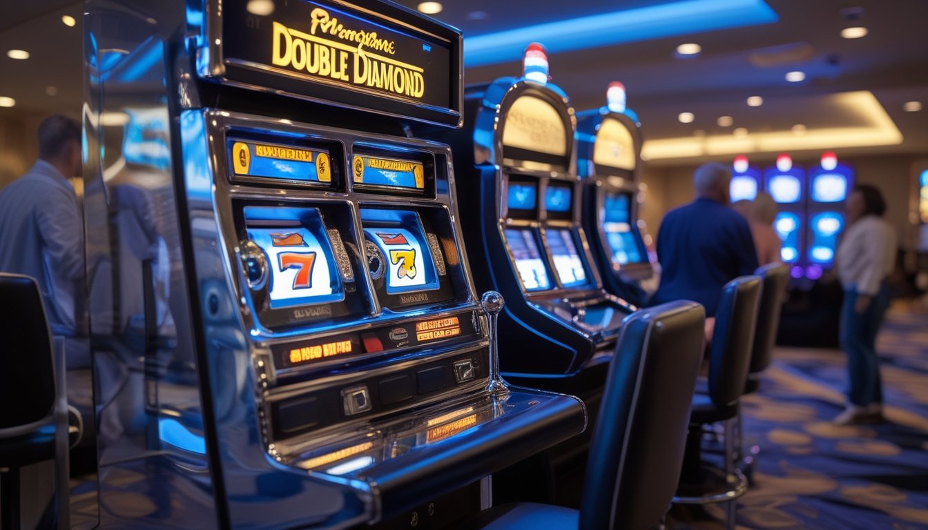 Mesin slot klasik dan mesin slot modern berdampingan di dalam kasino dengan beberapa pemain dewasa di latar belakang.