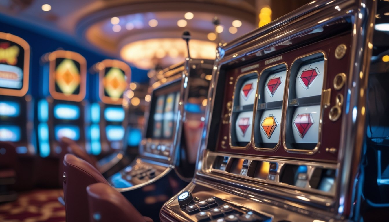 Mesin slot klasik bertema berlian berada di depan mesin slot modern dalam suasana kasino.