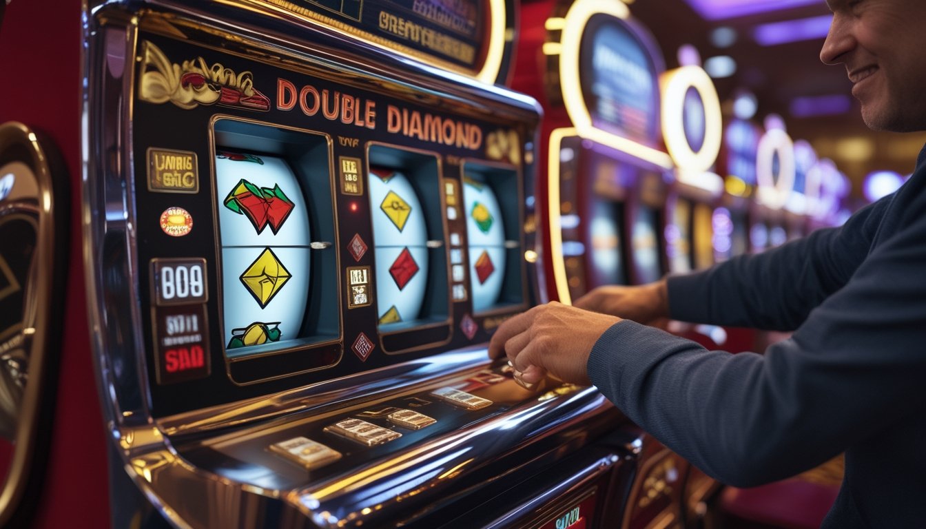 Seseorang memainkan mesin slot klasik dengan tuas dan gulungan simbol berlian di kasino.