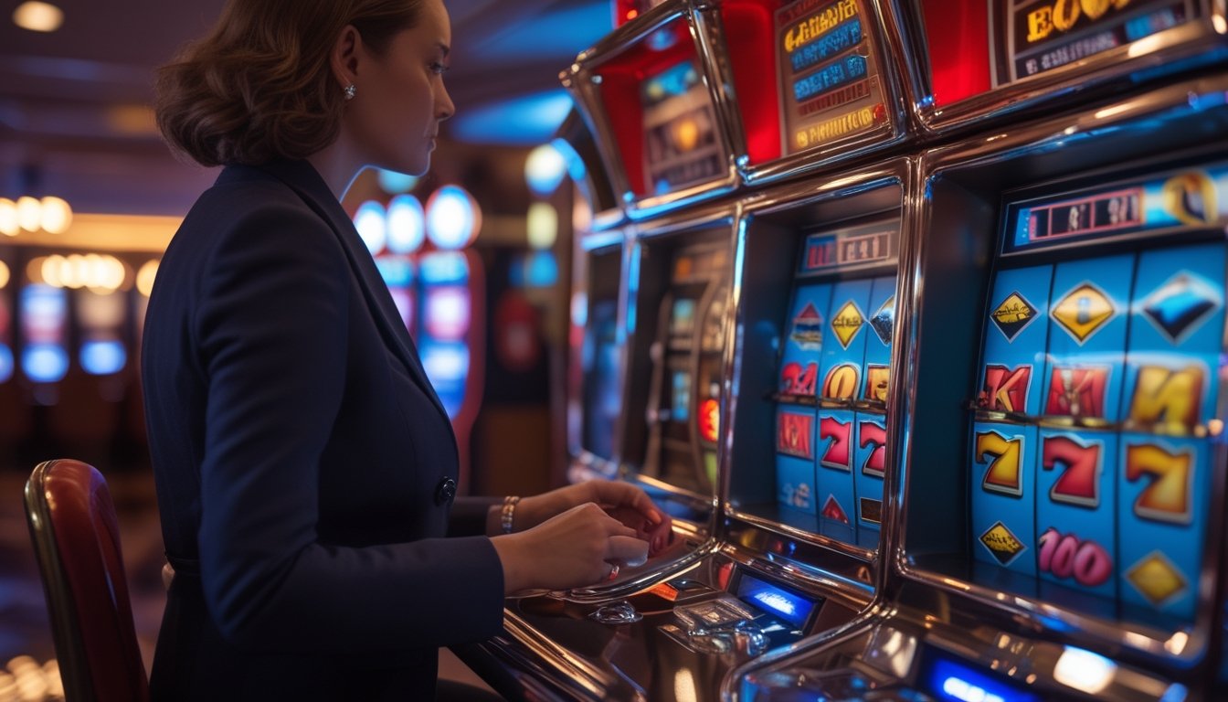Mesin slot klasik Double Diamond dengan simbol berlian bercahaya di lingkungan kasino.