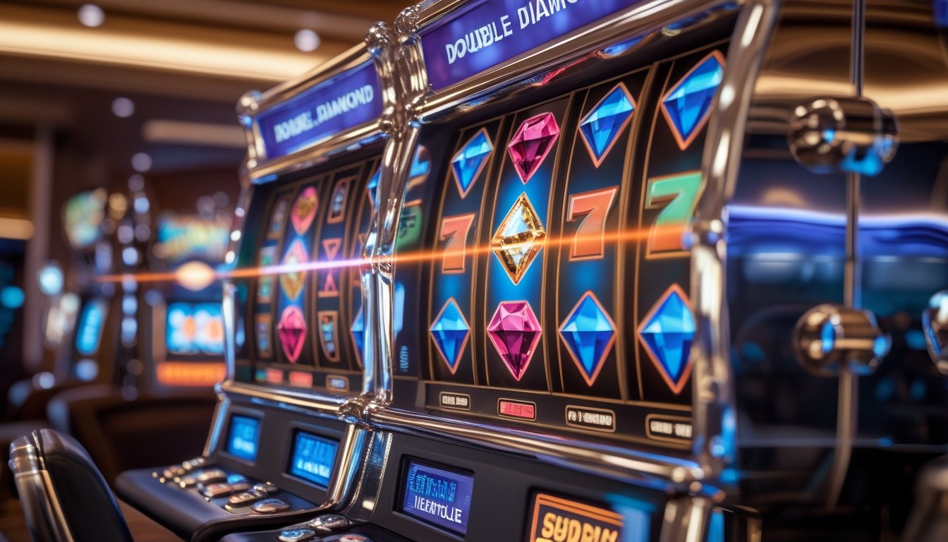 Mesin slot bertema berlian menampilkan simbol wild bercahaya dengan efek pengganda kemenangan.