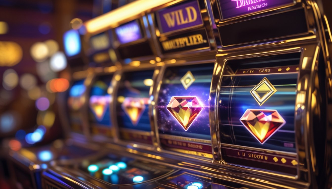 Mesin slot klasik dengan simbol wild berbentuk berlian yang disorot efek pengganda bercahaya.