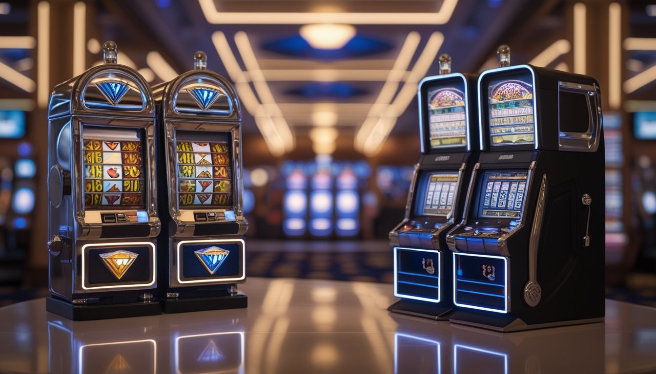 Dua mesin slot, satu bergaya klasik tiga reel dan satu bergaya modern, berdiri berdampingan di dalam kasino.