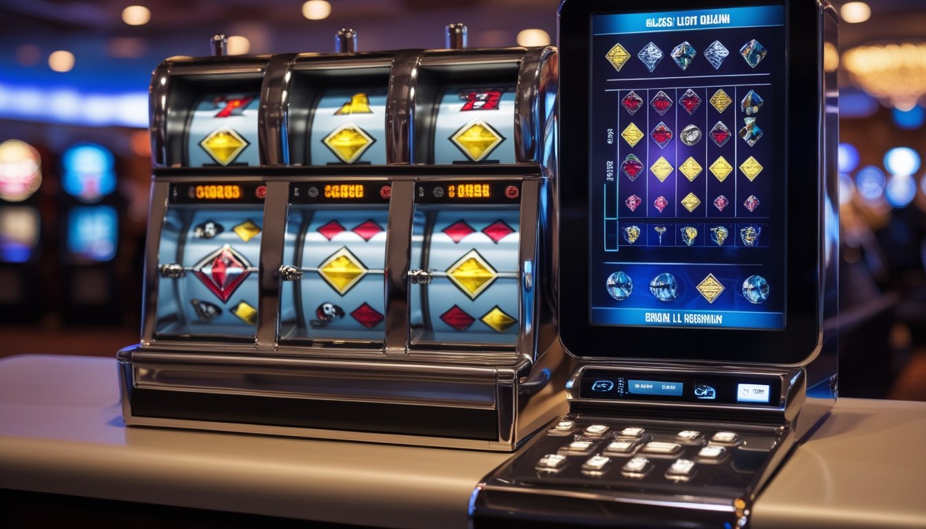 Mesin slot tiga gulungan klasik dengan mekanisme mekanis berdampingan dengan mesin slot digital modern.