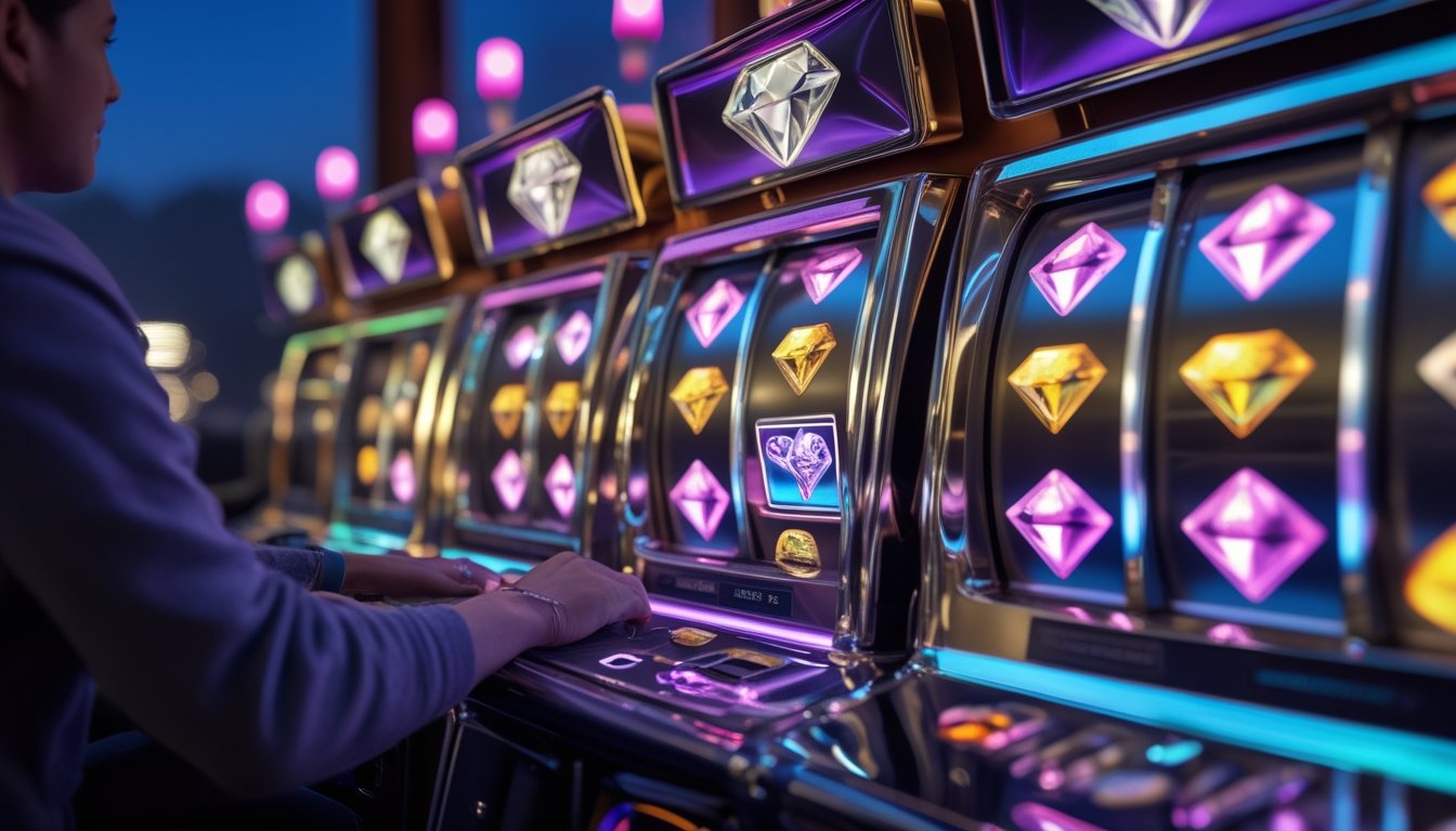Seseorang memainkan mesin slot bertema berlian di suasana kasino pada malam hari.