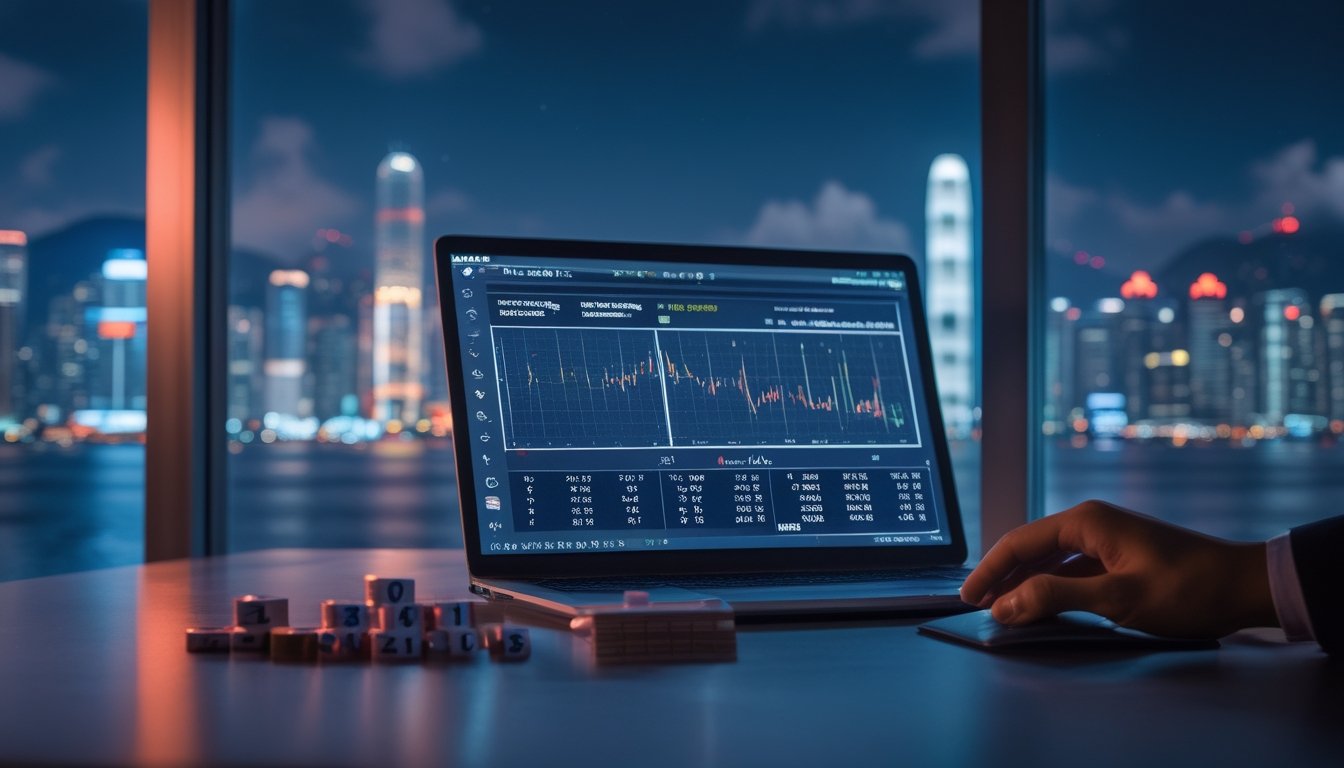 Meja kerja dengan kalkulator, token bernomor, dan grafik probabilitas abstrak dengan latar kota Hong Kong pada malam hari.