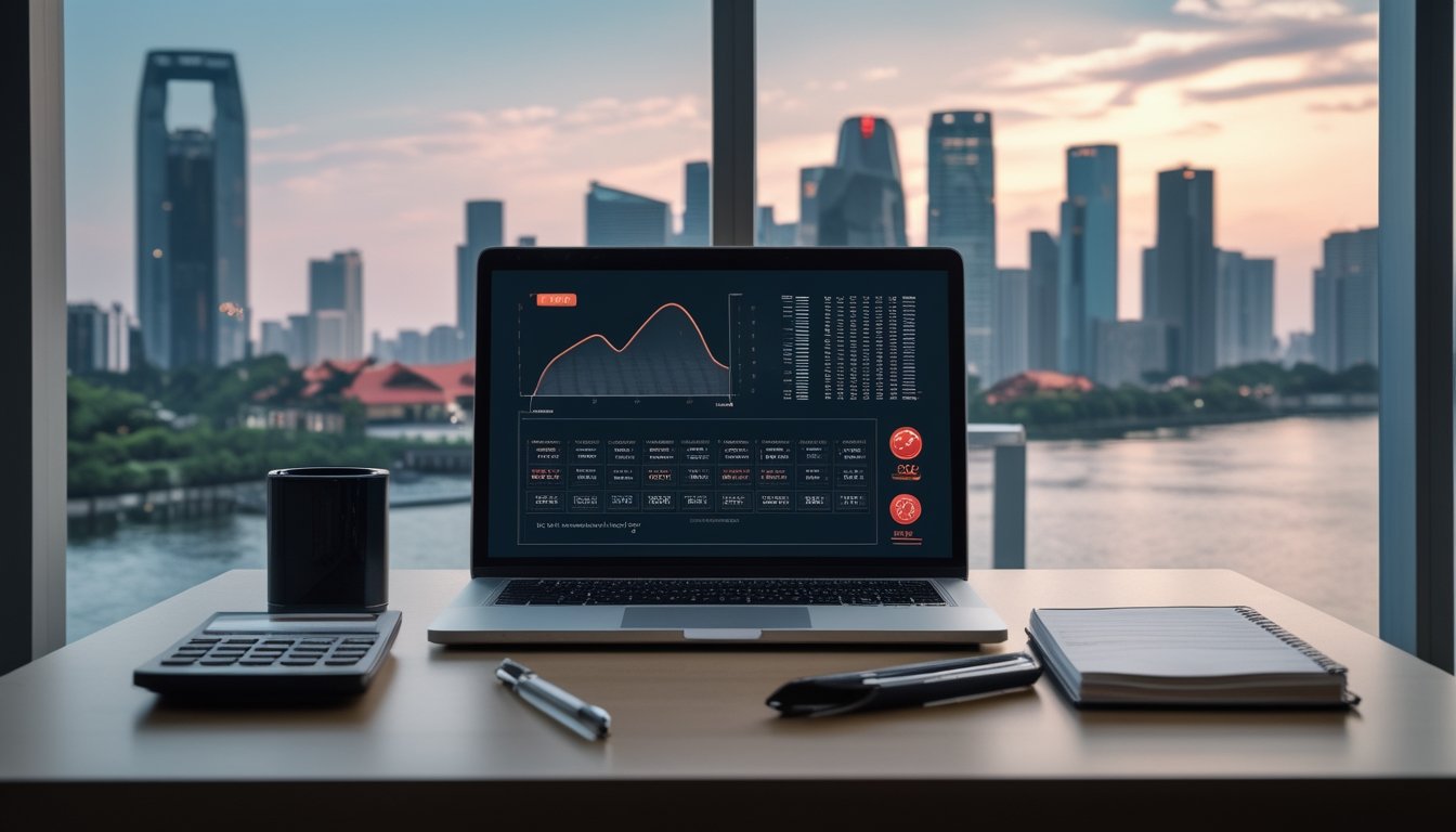 Meja kerja modern dengan laptop berisi grafik data abstrak, buku catatan kosong, kalkulator, dan latar kota yang buram.