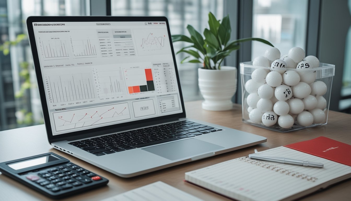 Meja kerja dengan laptop berisi grafik statistik, kalkulator, catatan, dan wadah bola undian.